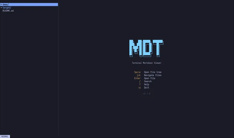 mdt welcome screen with ASCII art logo and keybinding hints